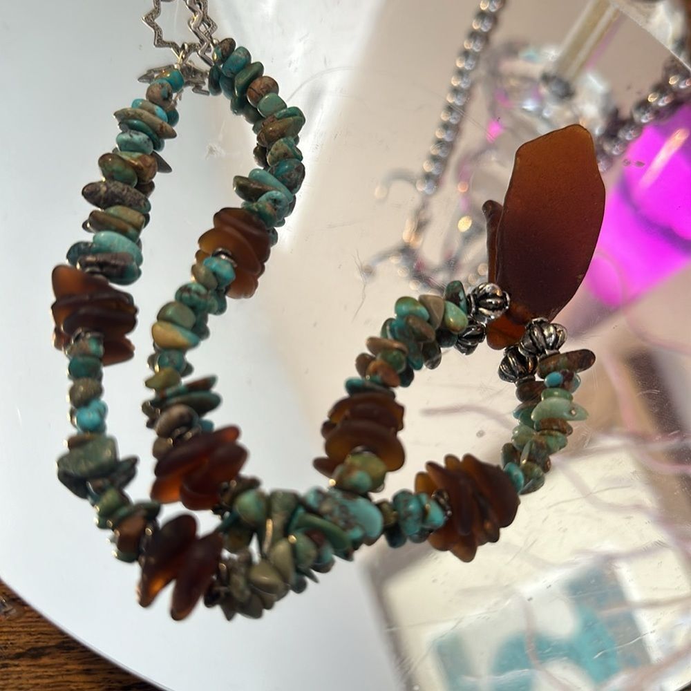 C1929-1930 rare dark brown sea glass turquoise and sterling silver necklace - Picture 8 of 8